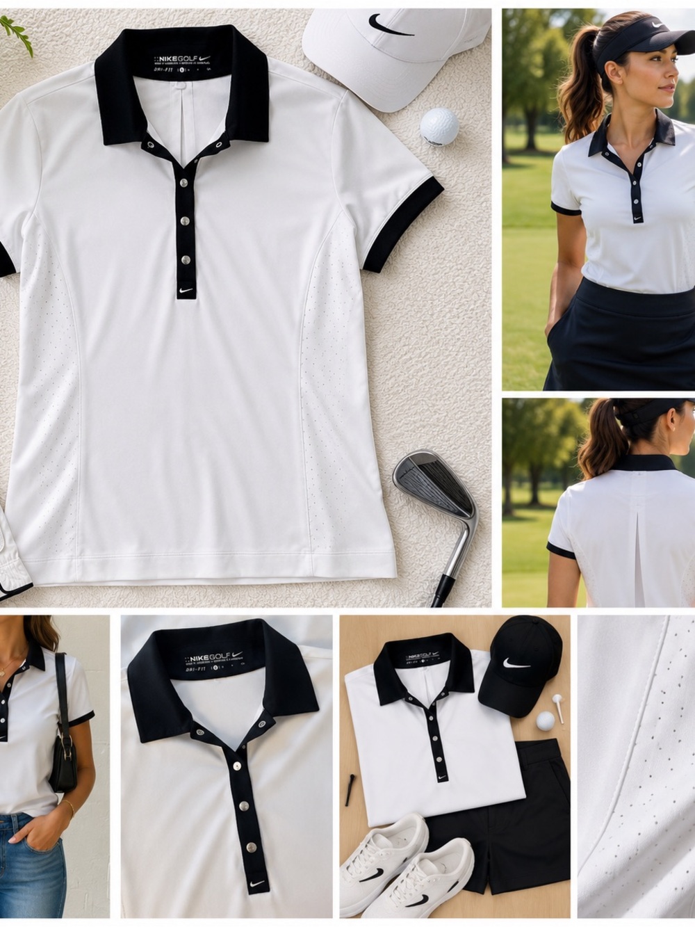 Nike Golf Dri-FIT Polo Shirt Small White Black Performance Stretch Athletic Golf
